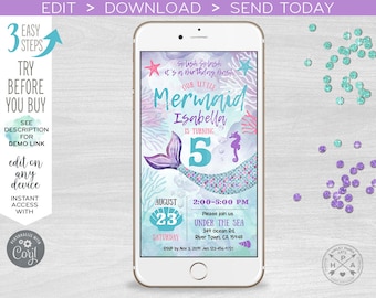 Mermaid electronic birthday under sea invitation smartphone e-vite purple aqua digital invite. Online virtual invite. 400HPA E060 01 060HPA