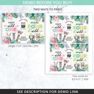 May include: Two printable invitations for a child's birthday party. The invitations feature a jungle theme with a zebra, giraffe, and elephant. The text on the invitations reads "Sophia is wild one" and "Michael is four ever wild".