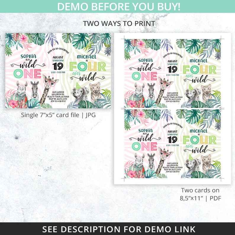 May include: Two printable invitations for a child's birthday party. The invitations feature a jungle theme with a zebra, giraffe, and elephant. The text on the invitations reads "Sophia is wild one" and "Michael is four ever wild".