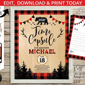 EDITABLE Time Capsule lumberjack one baby first 1st birthday party sign and message card. Instant access to the template. 133HPA 11