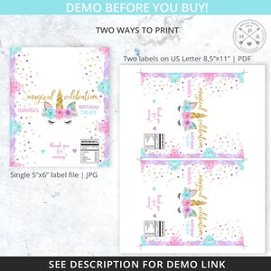 Pu&ograve; includere: Due design stampabili per sacchetti regalo con un unicorno con un corno dorato, fiori rosa e blu e glitter dorato. Il testo recita "celebrazione magica" e "Leccornie di compleanno di Isabella".