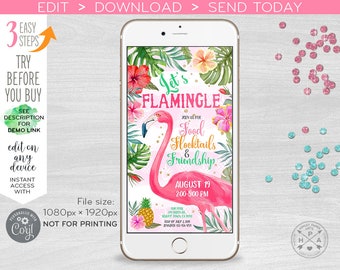 Let's Flamingle electronic party flamingo any invitation pineapple tropical, smartphone e-vite, digital. Selfediting. E044 07 044HPA
