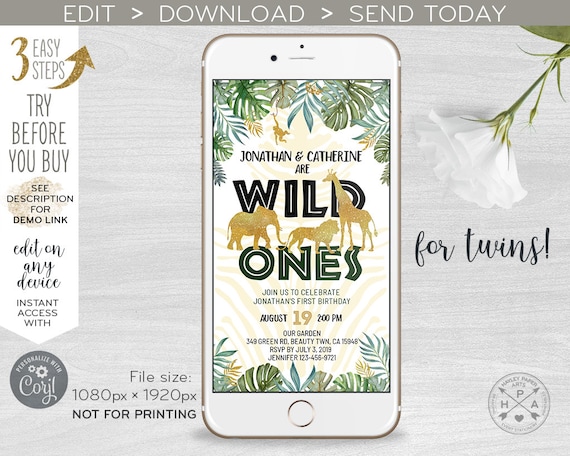 Jungle wild ones electronic twins invitation gold safari animals birthday sms smartphone e-vite, digital online invite 400HPA E040 04 040HPA Il_570xn