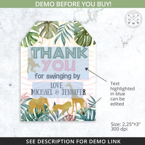May include: A jungle-themed thank you tag with a pink and blue "Thank You" message, a gold glitter giraffe, elephant, and lion, and green leaves. The text "for swinging by" and "Love, Michael & Jennifer" are also included.