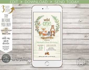 Woodland wild one electronic invitation forest wild animals birthday smartphone e-vite, digital invite online virtual party. E092 02 092HPA