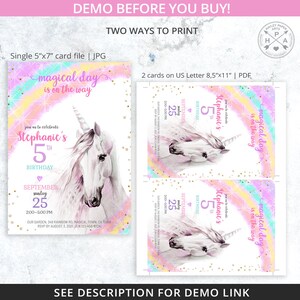 May include: A printable invitation for a 5th birthday party featuring a unicorn with a rainbow background and gold glitter. The text on the invitation reads "magical day is on the way" and "join us to celebrate Stephanie's 5th birthday".
