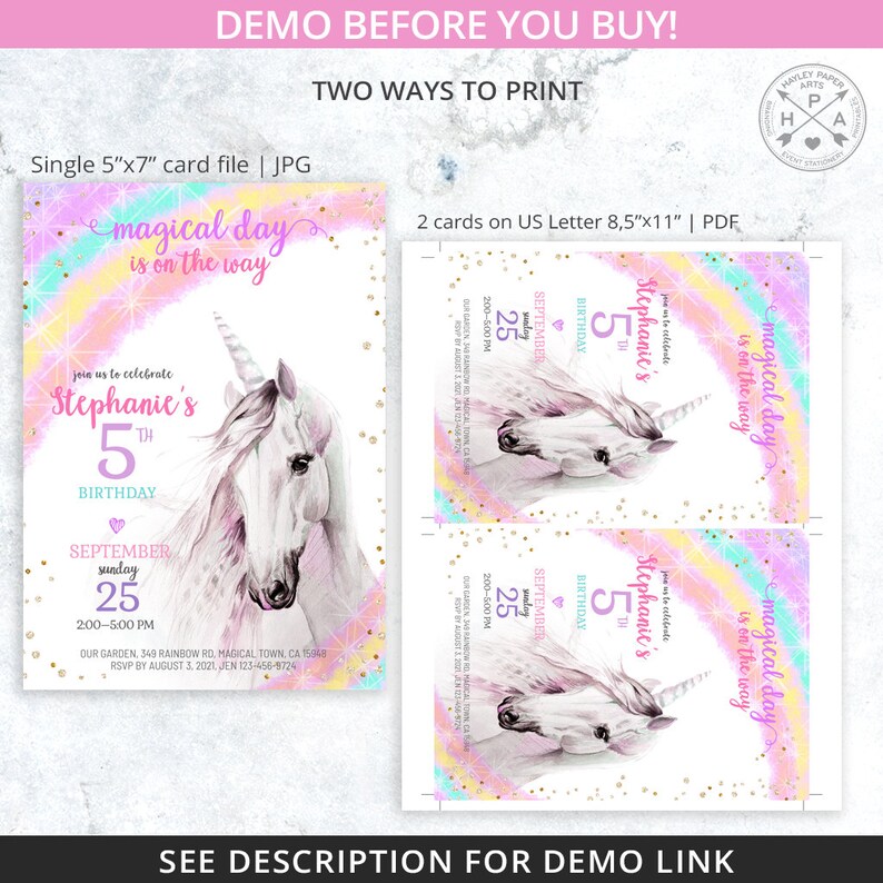 May include: A printable invitation for a 5th birthday party featuring a unicorn with a rainbow background and gold glitter. The text on the invitation reads "magical day is on the way" and "join us to celebrate Stephanie's 5th birthday".