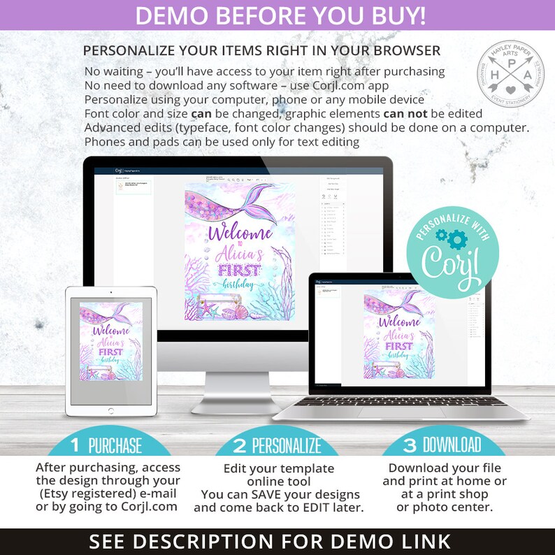 May include: A digital design template for a mermaid-themed first birthday party. The design features a purple mermaid tail, a seashell, and the text "Welcome to Alicia's First Birthday". The template can be personalized using the Corjl.com app.