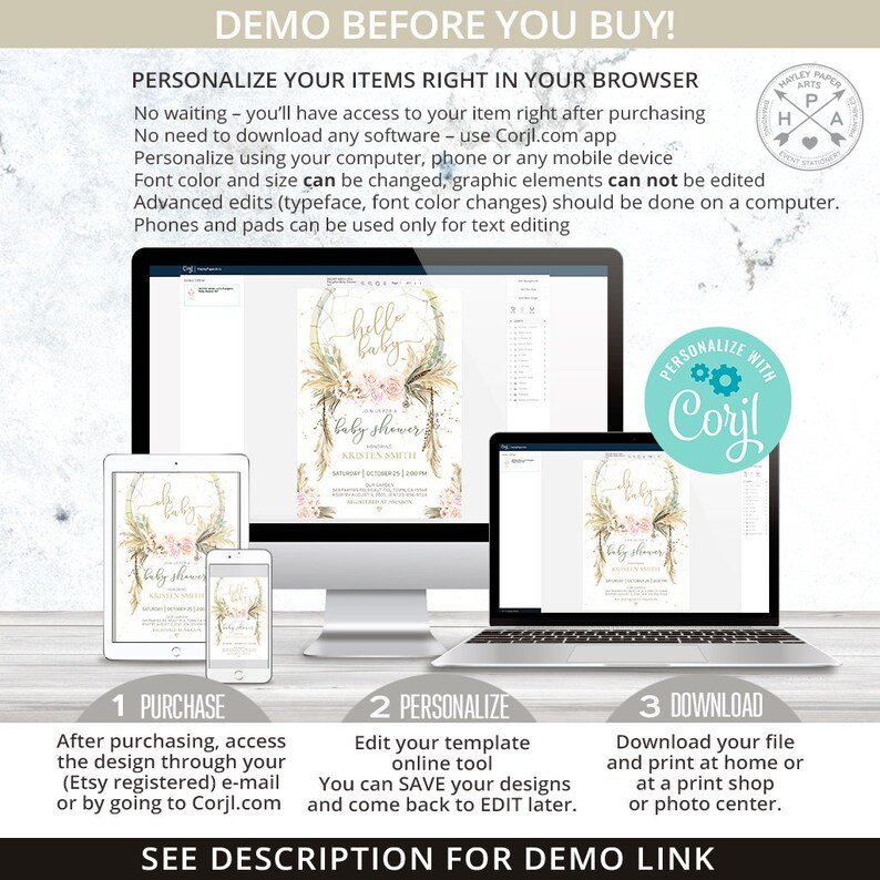 May include: A digital mockup showing how to personalize a baby shower invitation template. The invitation features a boho-style design with a dreamcatcher, feathers, and floral elements. The text on the invitation reads "hello baby" and "baby shower". The invitation is shown on a computer screen, a tablet, and a smartphone. The text below the images explains the steps for purchasing, personalizing, and downloading the template.
