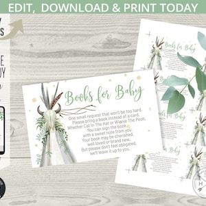 TeePee boek verzoek kaart invoegen baby shower tee pee partij boho wilde jongen boeken groen stier schedel. Direct bewerkbare afdrukbare. 130 pk B