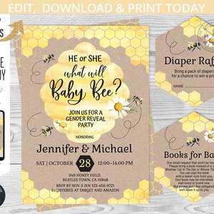 May include: A gender reveal party invitation with a honeycomb pattern and a bee theme. The invitation says "He or She, What Will Baby Bee?" and includes the date, time, and location of the party. It also includes a diaper raffle and a books for baby request.
