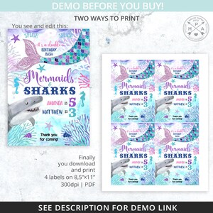 Mermaids and Sharks juice bag label, juice bag labels, under the sea, siblings any age joint birthday party editable template. 062HPA 18 image 4