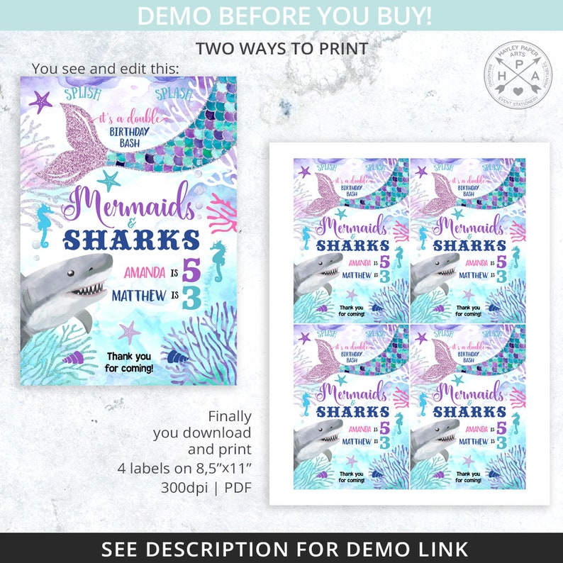 Mermaids and Sharks juice bag label, juice bag labels, under the sea, siblings any age joint birthday party editable template. 062HPA 18 image 4