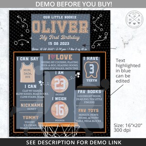 May include: A black and orange basketball-themed printable first birthday sign for a boy named Oliver. The sign features a basketball hoop with a basketball inside, and includes details like Oliver's age, weight, height, favorite foods, and favorite books. The text "I love" is highlighted in red.