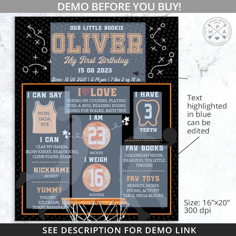 May include: A black and orange basketball-themed printable first birthday sign for a boy named Oliver. The sign features a basketball hoop with a basketball inside, and includes details like Oliver's age, weight, height, favorite foods, and favorite books. The text "I love" is highlighted in red.