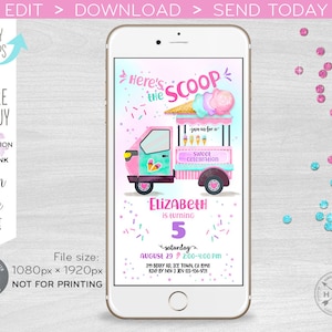 Ice cream truck electronic birthday invitation here&#39;s the scoop icecream girl party smartphone e-vite. Selfediting printable. E118 07 118HPA