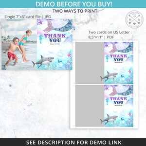 May include: Two printable thank you cards featuring a mermaid tail, shark, and starfish on a blue watercolor background. The text "Thank You" is printed in purple on each card. The cards are available in two sizes: 7x5 inches and 8.5x11 inches.