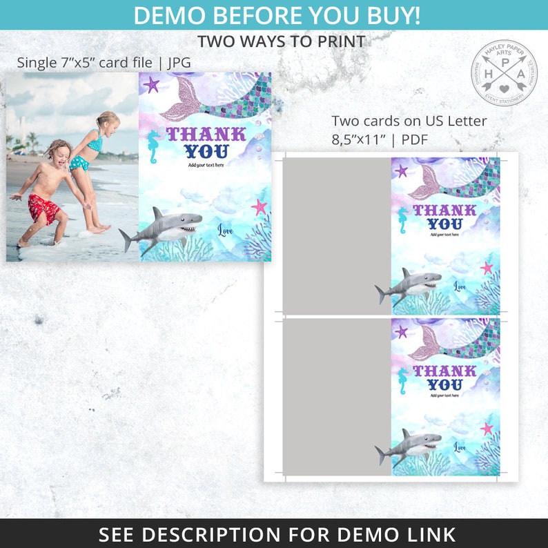 May include: Two printable thank you cards featuring a mermaid tail, shark, and starfish on a blue watercolor background. The text "Thank You" is printed in purple on each card. The cards are available in two sizes: 7x5 inches and 8.5x11 inches.