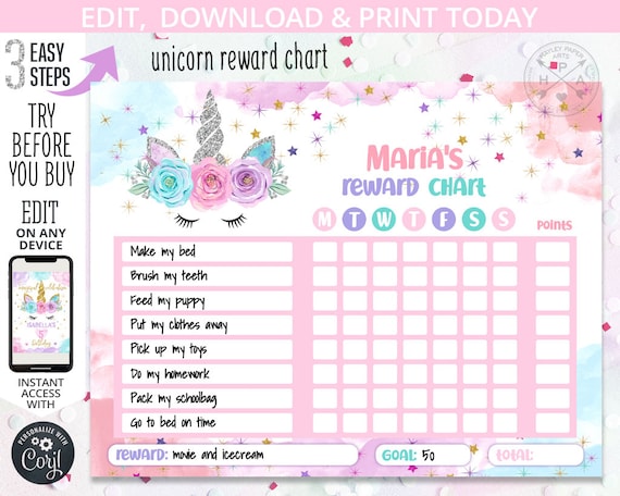 Unicorn reward chart for girls kids behavior daily chore charts daily routine pink pastel silver winter. Editable template. 405hpa 064 H Il_570xn
