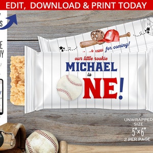 Baseball Reis Krispies behandelt Sport Wrapper Label, Rookie ONE zum ersten Geburtstag bevorzugt krispy knusprige Leckerei. Bearbeitbare Vorlage. 191HPA 32 B