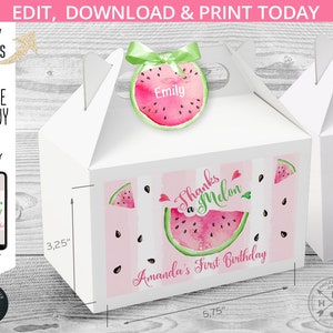 EDITABLE Watermelon gable gift box labels and tags. Handle favor takeway box stickers one in a melon birthday. Instant download. 050HPA 28 B