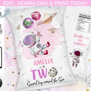May include: A pink and white printable party favor bag with a space theme. The bag features an astronaut holding a pink balloon, a planet, and the text "Amelia is Two Second trip around the Sun".