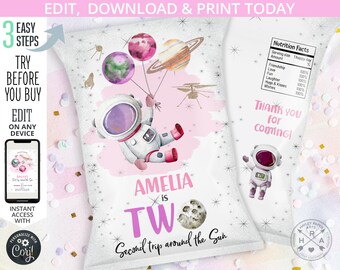 May include: A pink and white printable party favor bag with a space theme. The bag features an astronaut holding a pink balloon, a planet, and the text "Amelia is Two Second trip around the Sun".