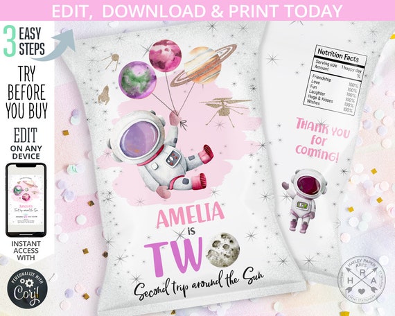 Space astronaut chips bag, chip wrapper, girl outer space, galaxy, trip around the sun, moon second birthday editable template. 154HPA 17 D Il_570xn