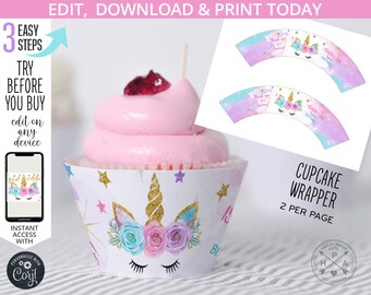 Puede incluir: Envoltorios de cupcake imprimibles con un unicornio con flores y purpurina dorada. Los envoltorios son rosas, azules y blancos con estrellas doradas. El texto en los envoltorios dice "Isabella's First Birthday".