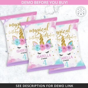 Unicorn magical chips bag, snacks treat bags, unicorn chip bag, chips pouch, favors, any age birthday party editable template. 046HPA 30 C image 5