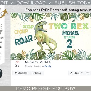 May include: Facebook event cover template featuring a green dinosaur with the text "TWO REX" and "MICHAEL IS TURNING 2". The background is a jungle scene with green leaves and gold accents.