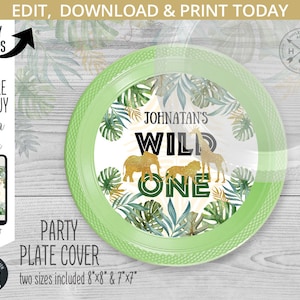 Jungle Wild One charger plate label, personalized cover. Safari animals printable party labels. Instant access to the template. 040HPA 55 A