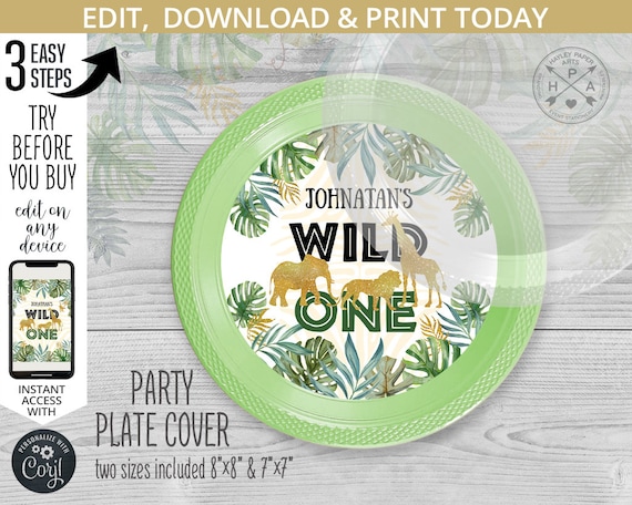Jungle Wild One charger plate label, personalized cover. Safari animals printable party labels. Instant access to the template. 040HPA 55 A Il_570xn