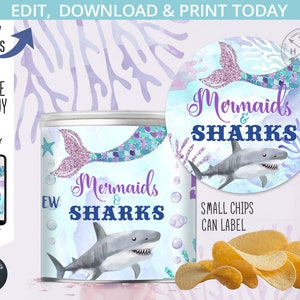 Mermaids and Sharks mini chips can label wrapper siblings birthday snacks party favor. Instant access to editable template. 062HPA 35 A