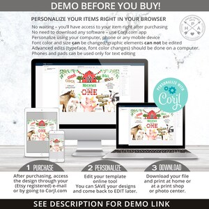 May include: A digital mockup of a printable invitation for a farm-themed first birthday party. The invitation features a pig, a horse, a cow, and a barn with the text "Oink Cluck, Baa Moo, Michael One".