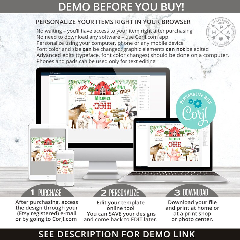 May include: A digital mockup of a printable invitation for a farm-themed first birthday party. The invitation features a pig, a horse, a cow, and a barn with the text "Oink Cluck, Baa Moo, Michael One".