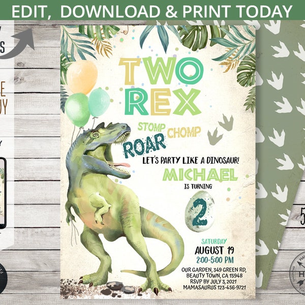 Two Rex dinosaur second birthday invitation T-Rex boy 2nd dino party dino-mite dino green roar birthday card. Editable printable. 141HPA 01