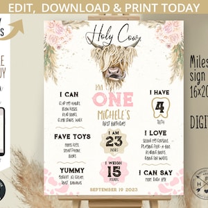 Holy cow milestone stats 1st first birthday cowgirl ONE pink pampas board 16x20 poster sign statistic. Self-editable printable. 209HPA 22 B