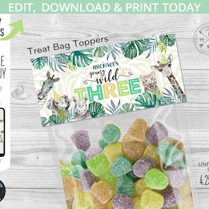 サファリ ジャングル 3 つの野生のお菓子バッグ トッパー 3 歳の誕生日の動物のお菓子 プラスチック ジップ バッグ トッパー 記念品。編集可能なダウンロード。124HPA 38 C
