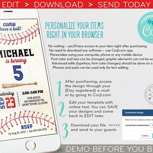 Op de afbeelding: Een digitale uitnodigingstemplate voor een honkbal-thema verjaardagsfeest. De template bevat een honkbal, een knuppel en een rood en wit honkbal steekontwerp. De tekst op de template luidt "Kom en heb plezier!" en "Michael wordt 5 jaar". De template bevat ook de datum, tijd en locatie van het feest.