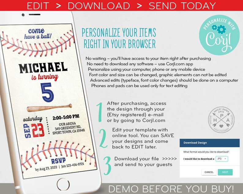 Op de afbeelding: Een digitale uitnodigingstemplate voor een honkbal-thema verjaardagsfeest. De template bevat een honkbal, een knuppel en een rood en wit honkbal steekontwerp. De tekst op de template luidt "Kom en heb plezier!" en "Michael wordt 5 jaar". De template bevat ook de datum, tijd en locatie van het feest.