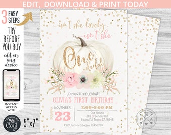 May include: A white and gold invitation for a first birthday celebration. The design features a white pumpkin with the words "One-derful" in gold glitter. Pink and white floral accents surround the pumpkin, with the text "Olivia's First Birthday" and event details.