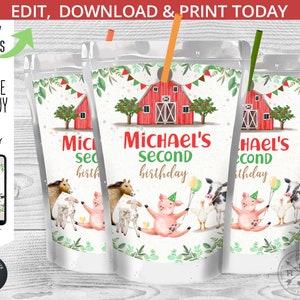 Farm juice bag label, capri juice bags, red barn animals pouch, any age cow boy pig goose birthday party. Editable printable. 149HPA 19 A