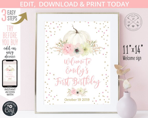 Gingham Pumpkin welcome sign printable 20x30 template editable 24x36 templett G084 birthday sign editable template baby shower sign