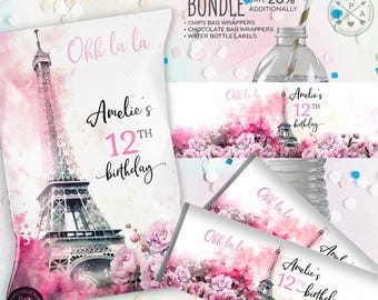 Paris party pack bundle, chips bag, water bottle, mini chocolate bar label french eifel birthday pink peonies Editable printables 236HPA 40
