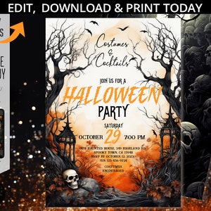 Halloween costume party invitation spooky black skulls orange carved pumpkins spooktacular witches card. Editable printable. 242HPA 04