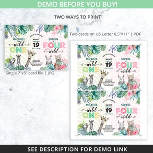 May include: Two printable invitations for a first birthday party. The invitations feature a jungle theme with a zebra, giraffe, rhino, and leopard. The text on the invitations reads "Michael is wild one" and "Sophia is four ever wild".