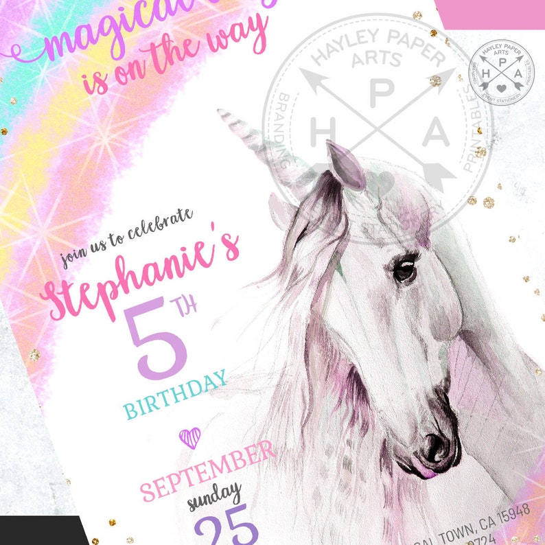 May include: A pink, purple, and blue watercolor background with a white unicorn illustration. The text "magic is on the way" is at the top of the invitation. The text "join us to celebrate Stephanie's 5th Birthday" is in the center of the invitation. The text "SEPTEMBER sunday 25" is at the bottom of the invitation.