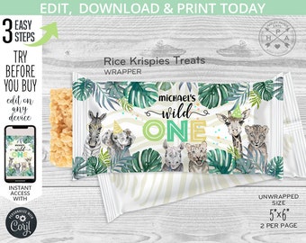Etiqueta de envoltorio de golosinas de arroz krispies de Safari wild one, animales de la fiesta de la jungla, primer cumpleaños favorece krispy crujiente. Plantilla editable. 124HP 37A