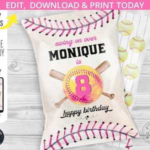 Softball-Chips-Tasche erste Geburtstagspartybevorzugung, jedes Alter Softball-Chip-Beutel für Party-Snacks, Mädchensportspiel. Bearbeitbares Design. 179HPA 30 B